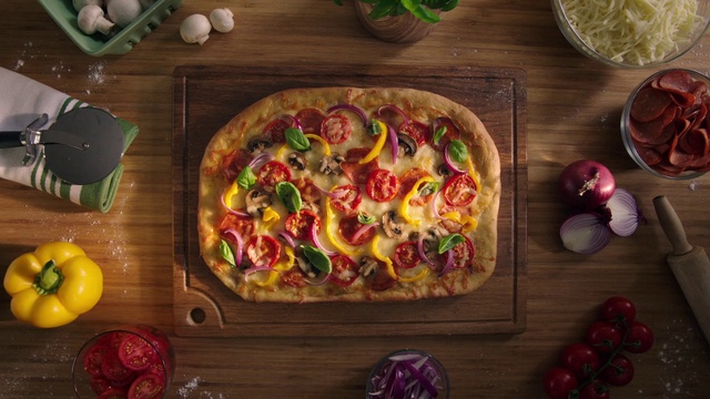 Video Reference: Food, Tableware, Table, Pizza, Ingredient, Recipe, Plate, Fast food, Cuisine, Dish