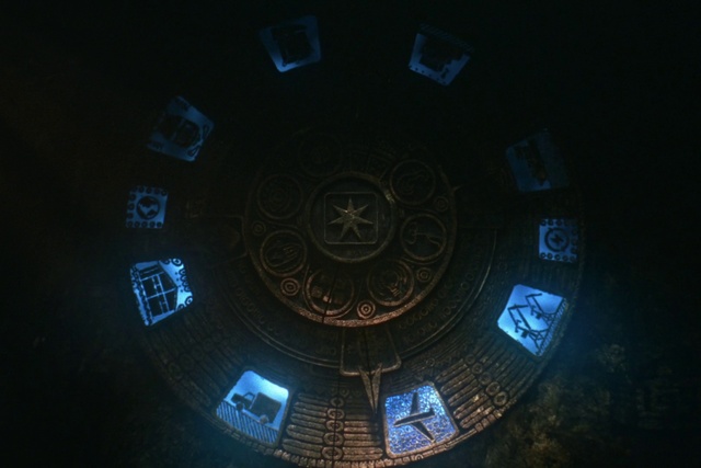 Video Reference: Symmetry, Electric blue, Circle, Fixture, Darkness, Space, Pattern, Art, Ceiling, Tower