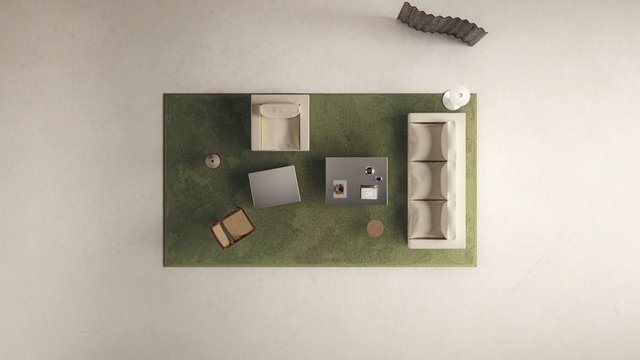Video Reference: top view, floor plan, miniature, model room, living room, sofa, chair, table, interior design, architecture, aerial view, green carpet, modern furniture