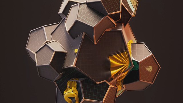Video Reference: abstract, 3d render, geometric, polygonal, sculpture, panels, grid pattern, fabric, yellow, dark background, digital art, modern, faceted, close-up