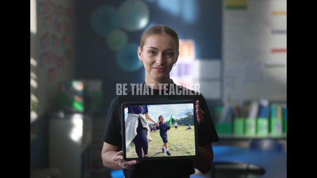 Video Reference: teacher, woman, tablet, classroom, education, student, child, outdoor, presentation, poster, ad, school, learning, portrait, text overlay
