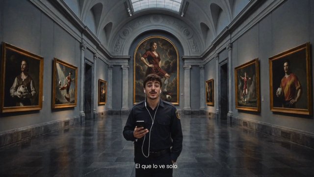 Video Reference: museum, art gallery, paintings, interior, man, phone, earphones, subtitles, arched ceiling, symmetry, tourism, gallery hall