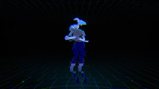 Video Reference: digital art, glitch, animated character, humanoid, wireframe, futuristic, cyber, abstract, dark background, RGB distortion, sci-fi, centered composition, virtual space
