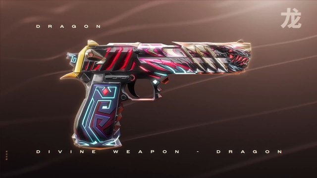 Video Reference: pistol, gun, weapon, dragon, skin, gaming, futuristic, stylized, close-up, 3d render, illustration, neon, metallic, weapon design