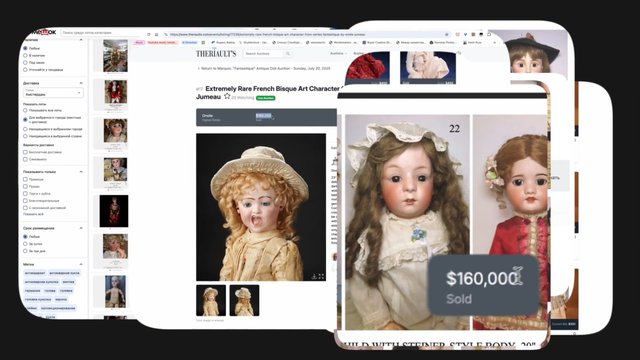 Video Reference: auction, antique doll, web browser, screen capture, collectibles, vintage doll, auction listing, doll portrait, online shopping, price overlay, website, gallery, webpage, product photos