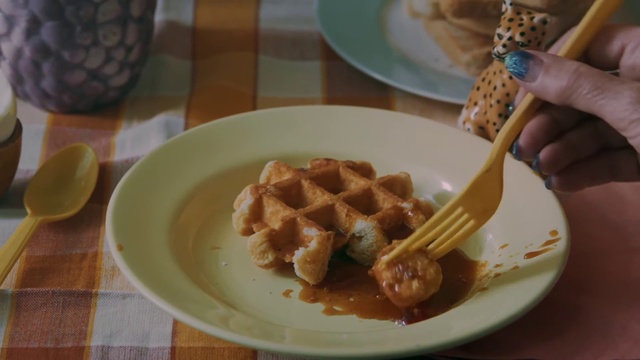 Video Reference: Food, Tableware, Belgian waffle, Waffle, Plate, Dishware, Ingredient, Recipe, Kitchen utensil, Cuisine