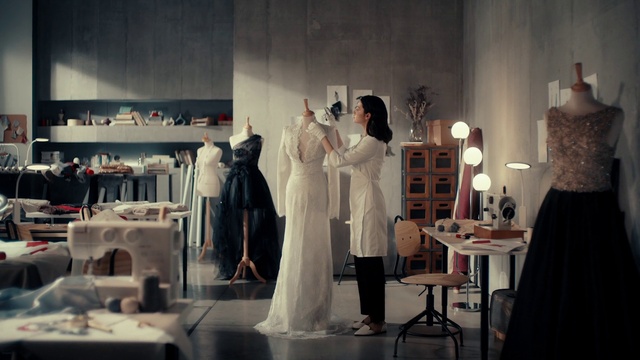 Video Reference: White, Light, Fashion, Dress, Fashion design, Retail, Gown, Table, Wedding dress, Event