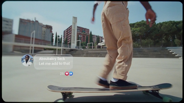 Video Reference: White, Light, Sky, Asphalt, Rolling, Skateboard, Skateboarder, Sports equipment, Recreation, Leisure