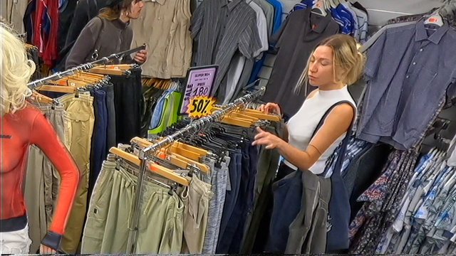 Video Reference: clothing store, retail, shopping, fashion, racks, shirts, pants, sale, browse, women, interior, apparel, store display