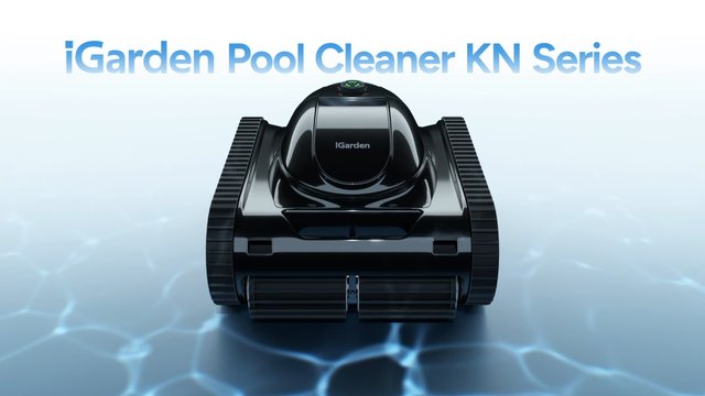 Video Reference: pool cleaner, robotic cleaner, pool maintenance, cleaning device, product showcase, home appliance, water background, front view, black device, advertisement, text overlay, technology, outdoor cleaning