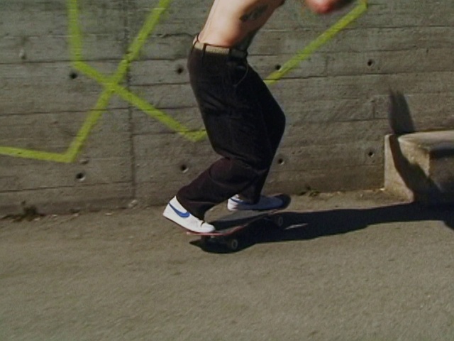 Video Reference: Wheel, Sports equipment, Knee, Tire, Outdoor shoe, Rolling, Calf, Asphalt, Thigh, Walking shoe