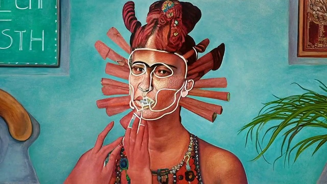 Video Reference: Paint, Organism, Art, Painting, Plant, Eyewear, Chest, Picture frame, Illustration, Mural