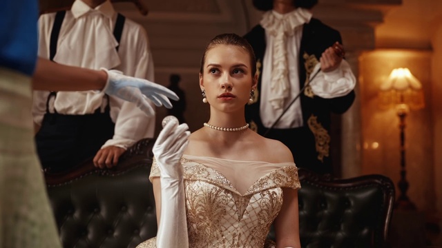 Video Reference: Hairstyle, Human, Flash photography, Neck, Wedding dress, Waist, Embellishment, Fashion design, Eyelash, Gown