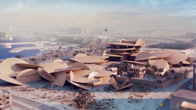 Video Reference: aerial view, futuristic architecture, modern building, cityscape, waterfront, urban planning, concept design, sculptural form, desert landscape, palm trees, harbor, skyline, rendering, architecture