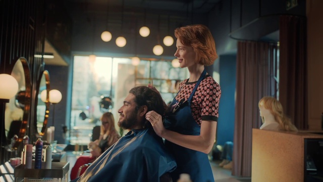 Video Reference: Shoulder, Beauty salon, Flash photography, Barber, Interaction, Fashion design, Personal grooming, Beard, Curtain, Leisure