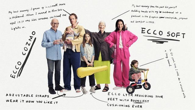 Video Reference: fashion, advertisement, multi-generational, family, studio, white background, handwritten text, casual clothing, tricycle, group portrait, lifestyle, commercial, shoes, colorful, standing, brand marketing