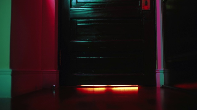 Video Reference: Door, Red, Rectangle, Magenta, Gas, Neon, Tints and shades, Visual effect lighting, Glass, Darkness
