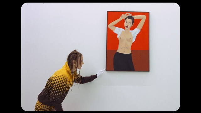 Video Reference: Arm, Rectangle, Sleeve, Gesture, Font, Art, T-shirt, Elbow, Display device, Event