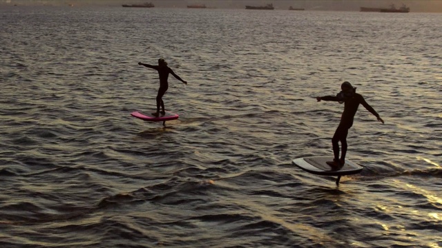 Video Reference: Water, Surfboard, Surfing, Surfing Equipment, Standing, Mammal, Outdoor recreation, Body of water, Wind wave, Recreation