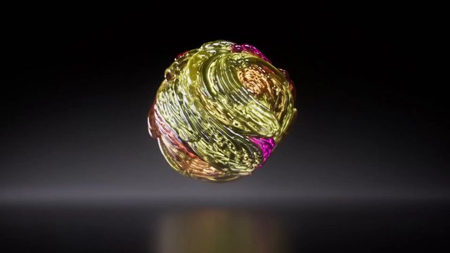 Video Reference: abstract, sphere, metallic, glossy, 3d, floating, swirl, colorful, gold, green, pink, copper, dark background, render, art