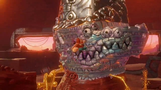 Video Reference: video game, fantasy, monster, metallic, platforming, industrial, lava, red lighting, action, 3D, character, boss, adventure, mechanical, surreal
