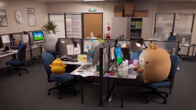 Video Reference: office, cubicles, workplace, cartoon, animated, computer, desks, employees, workspace, indoor, cubicle partition, office chairs, monitor, stationery, open plan, humorous
