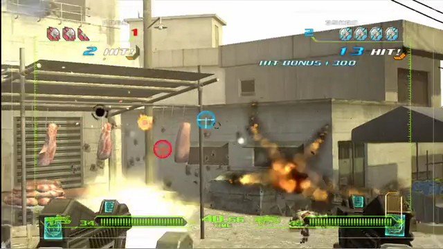 Video Reference: video game, combat, explosion, industrial yard, shooter, HUD, crosshair, action, battle, interface, arcade, outdoor, targets, score, multiplayer, screen capture
