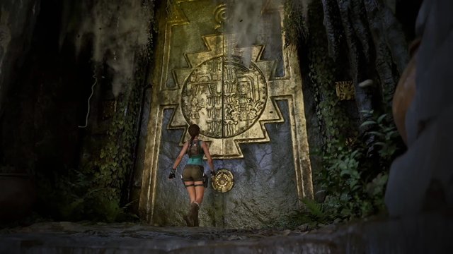 Video Reference: video game, third-person, explorer, female character, jungle, ruins, stone door, ancient symbols, adventure, tomb, puzzle, fictional scene