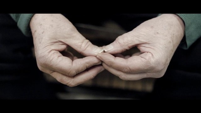 Video Reference: hands, close-up, fingers, object, holding, elderly, skin, detail, dark background, selective focus, neutral, human