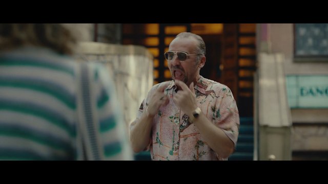 Video Reference: man, sunglasses, patterned shirt, outdoor, street, conversation, gesture, blurred foreground, portrait, middle-aged, casual, city, reaction