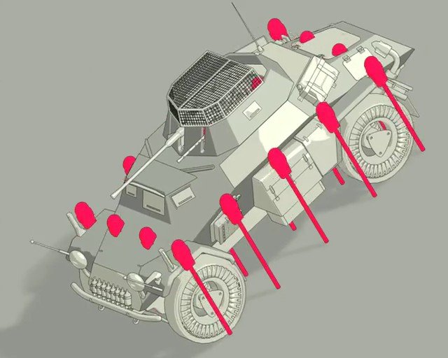 Video Reference: 3d render, armored vehicle, military vehicle, vehicle model, gray background, technical illustration, annotation, overlay markers, concept art, equipment, wheels, turret, prototype, isometric view
