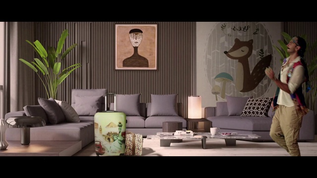 Video Reference: Couch, Furniture, Plant, studio couch, Comfort, Interior design, Grey, Lamp, Living room, Rectangle