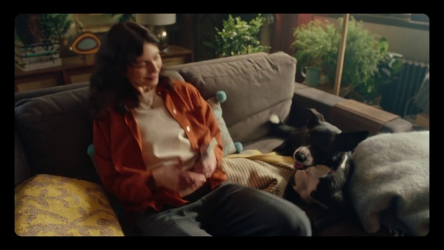 Video Reference: Furniture, Plant, Comfort, Couch, Companion dog, Thigh, Event, Living room, Lap, Fun