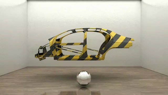 Video Reference: vehicle, car body, frame, suspended, minimalist room, industrial, striped, yellow, black, 3d render, studio, wood floor, metal, prototype, abstract, reflection
