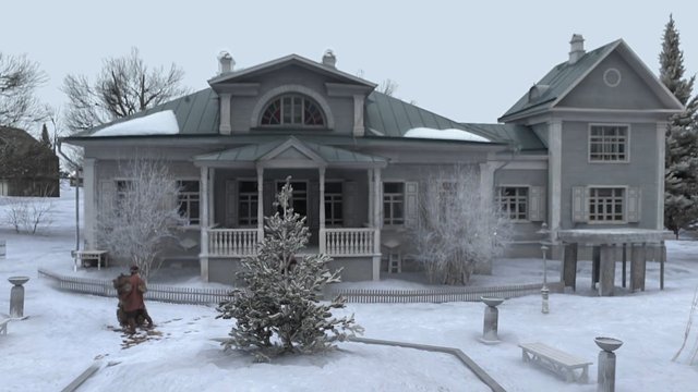 Video Reference: house, mansion, winter, snow, yard, residential, architecture, outdoors, trees, porch, roof, frost, suburban, person, garden, historic