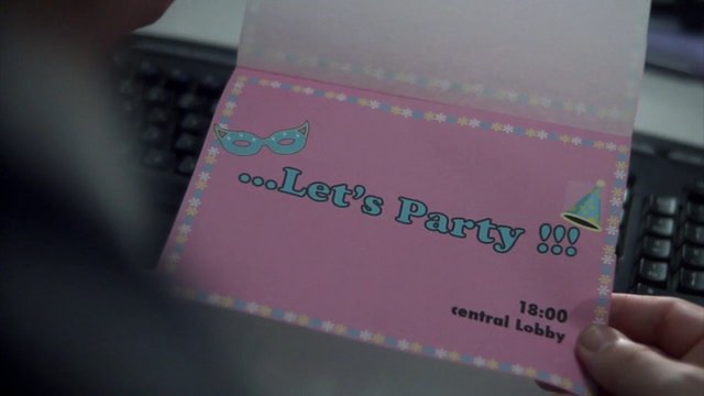 Video Reference: invitation, party, pink card, announcement, celebration, greeting card, hand, keyboard, mask graphic, party hat, text, office