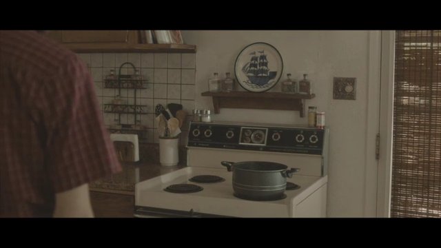 Video Reference: kitchen, home interior, stove, pot, cooking, utensils, countertop, cabinet, shelf, indoor, household, person partially visible