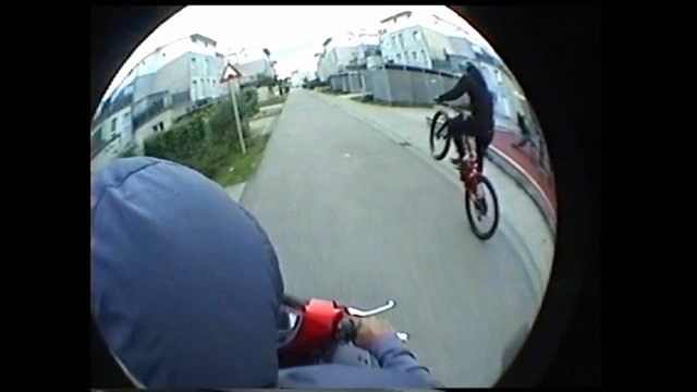 Video Reference: bicycle, cycling, rider, street, residential, fisheye, action, outdoors, urban, motion, helmet, road, bike, sport, travel
