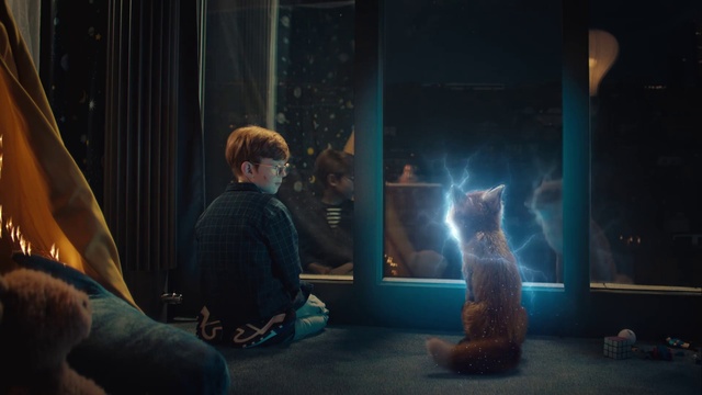 Video Reference: Fun, Electric blue, Tree, Darkness, Event, Visual arts, Glass, Sitting, Room, Fictional character