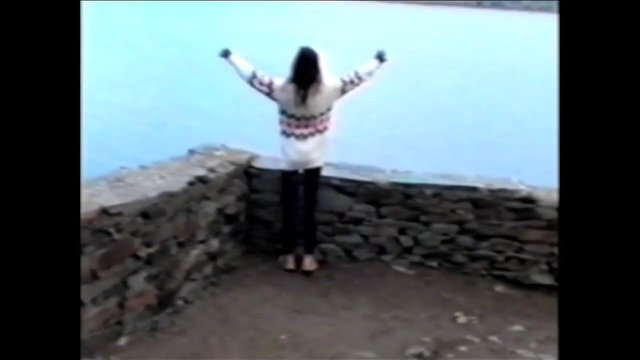 Video Reference: person, arms raised, overlook, stone wall, water, outdoors, back view, travel, landscape, coastal, scenic, standing, viewpoint
