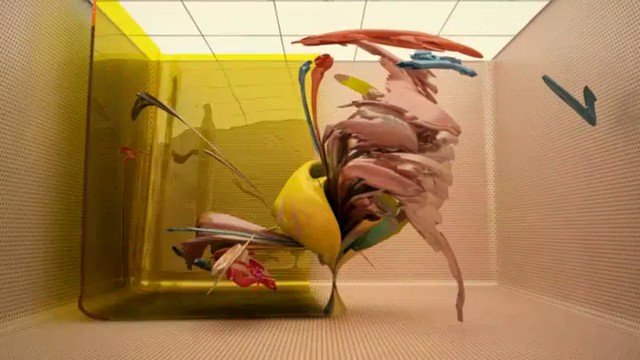Video Reference: abstract, 3D render, colorful, swirling shapes, transparent container, yellow object, interior, tiled room, digital art, motion effect, sculpture, geometric, modern art