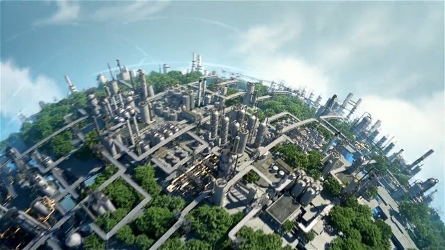 Video Reference: aerial, industrial complex, factory, refinery, pipelines, towers, futuristic, cityscape, infrastructure, greenery, metal structures, sky, landscape, technology, energy, plant