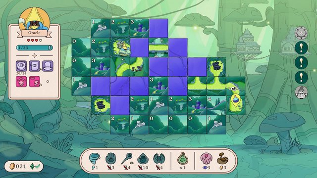 Video Reference: video game, game UI, strategy, tile map, fantasy, oracle, interface, cartoon, board game, HUD, map, puzzle, indie game, green landscape, icons, menu
