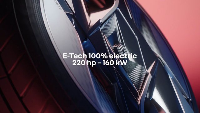 Video Reference: wheel, close-up, metallic, glossy, reflective, electric, text overlay, E-Tech, car detail, automotive, rim, spokes, pink background, advertisement