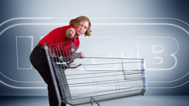 Video Reference: Comfort, Standing, Smile, Shopping cart, Flash photography, Stairs, Automotive design, Magenta, Sitting, Font