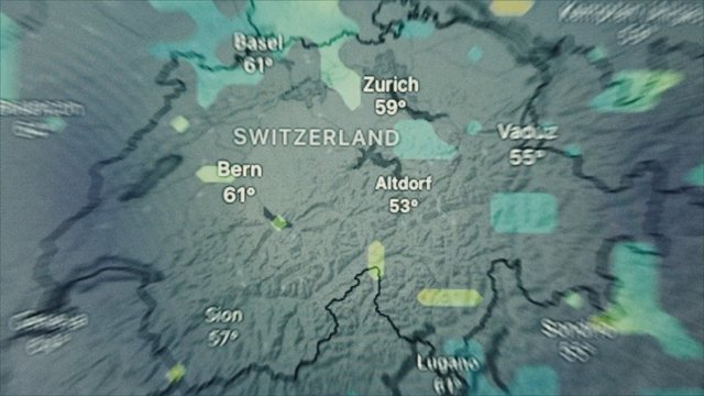 Video Reference: weather map, Switzerland, forecast, temperature, precipitation, radar, map, Zurich, Bern, Basel, Lugano, Altdorf, Vaud, Swiss Alps, meteorology, TV graphic