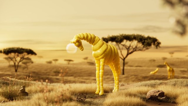 Video Reference: savanna, sunset, acacia trees, grassland, sculpture, elephant, yellow, fantasy, 3D render, wildlife, landscape, africa, outdoors, nature