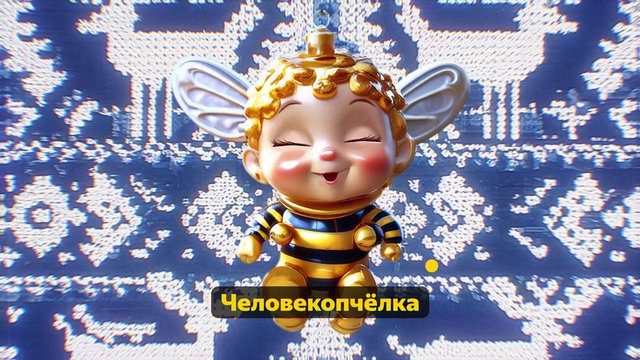 Video Reference: toy, figurine, bee, cartoon, smiling, gold, black stripes, cute, blue background, pattern, Cyrillic text, close-up, 3D render, children's character