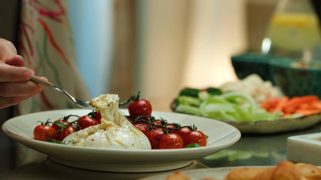 Video Reference: food, salad, tomatoes, cheese, fork, hand, close-up, fresh, vegetables, plate, cooking, dining, vegetarian, meal, kitchen, selective focus