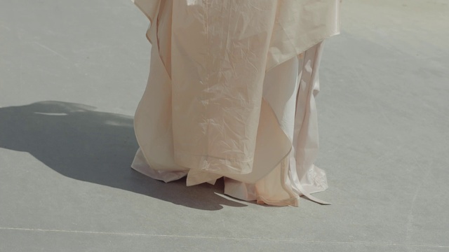 Video Reference: Dress, Sleeve, Creative arts, Bridal accessory, Human leg, Fashion design, Linens, Wood, Flooring, Knee